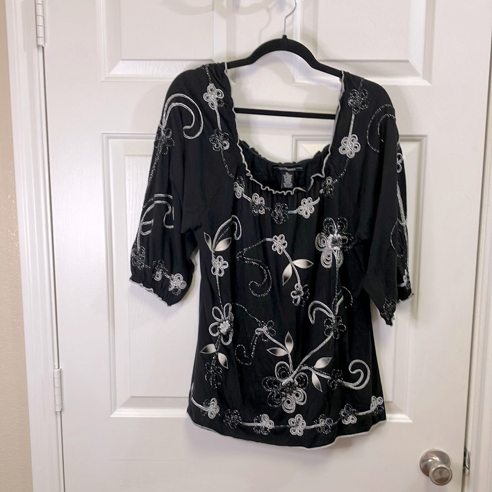 Black Floral Embroidered Peasant Blouse